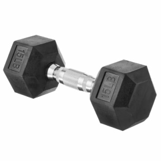 15-pound hex dumbbell with metal handle.