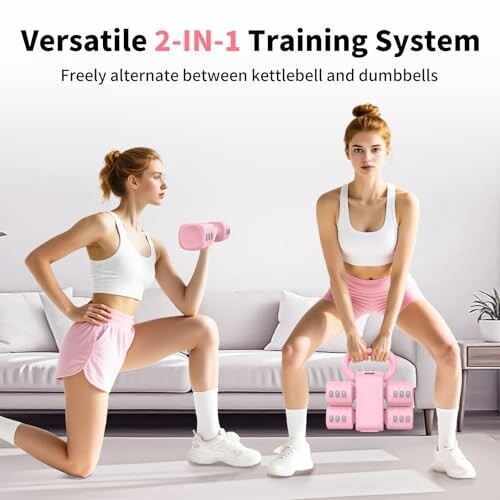 Women exercising with versatile 2-in-1 training system, using kettlebell and dumbbells.
