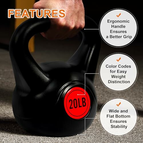 20lb kettlebell highlighting ergonomic handle, color codes, and stability features.