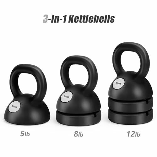 Three adjustable kettlebells with weights of 5lb, 8lb, and 12lb.