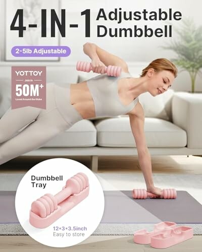 Woman using adjustable dumbbell on yoga mat