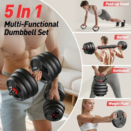 5 in 1 multi-functional dumbbell set with push-up stand, barbell, kettlebell, and weight plate.