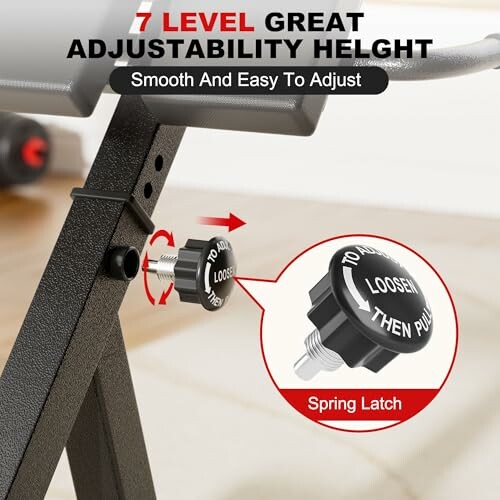 Adjustable bench with spring latch for height adjustment.
