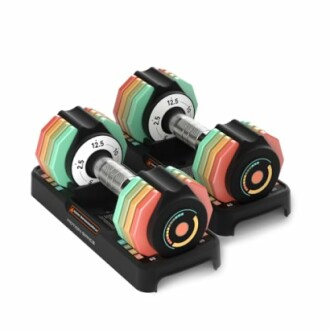 Pair of adjustable dumbbells with colorful plates on stands.