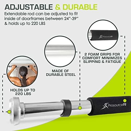 Adjustable doorway pull-up bar with foam grips, suitable for doorframes 24-39 inches, supports up to 220 lbs.