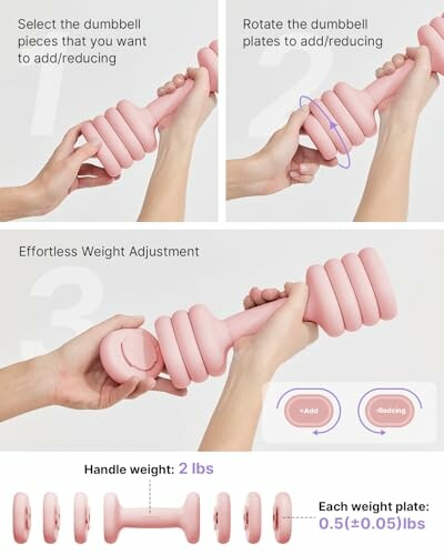 Hands adjusting pink dumbbell weights with easy rotation mechanism.