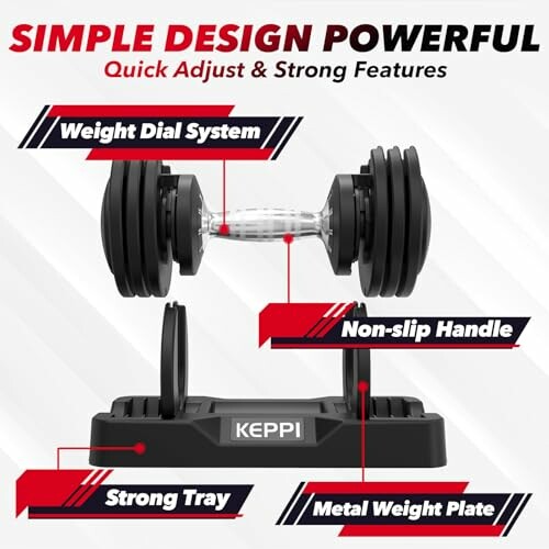 Adjustable dumbbell with weight dial, non-slip handle, and strong tray, a testament to the Keppi Adjustable Dumbbells Set's high-quality design and construction.