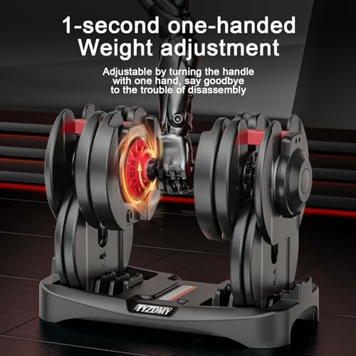 Adjustable dumbbell with 1-second one-handed weight adjustment feature.