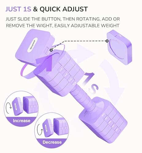 Purple adjustable dumbbell with quick weight change mechanism.