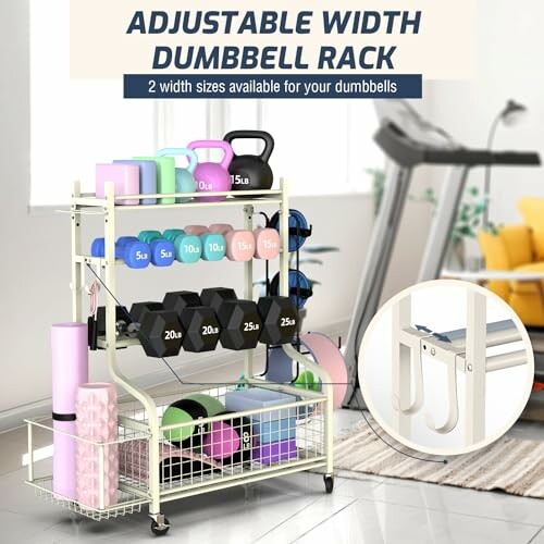 Adjustable width dumbbell rack with various weights and gym equipment.