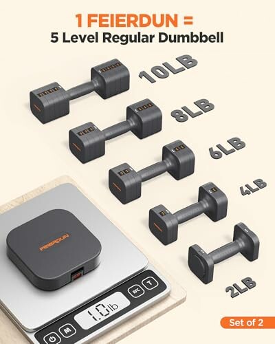 Set of adjustable dumbbells by FEIERDUN with five weight levels from 2LB to 10LB.