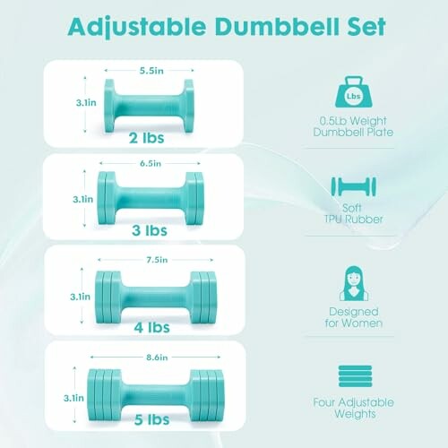 Adjustable dumbbell set with four weights: 2 lbs, 3 lbs, 4 lbs, 5 lbs.