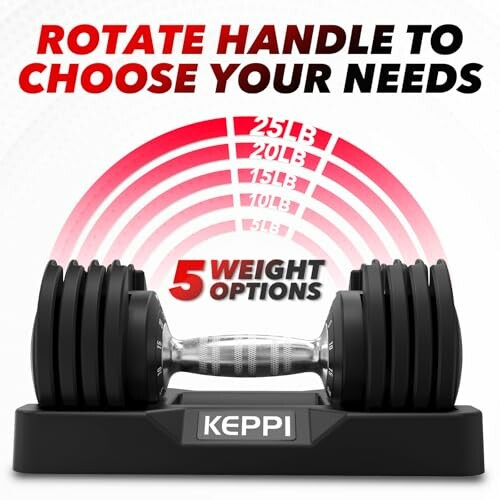 Adjustable dumbbell with five weight options and rotating handle, designed for compact and space-efficient workouts.