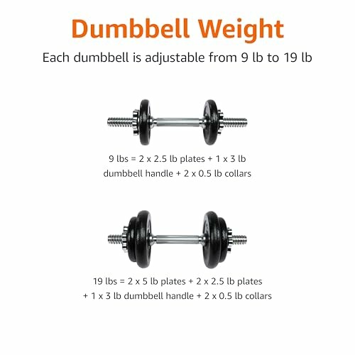 Two adjustable dumbbells with weight details.