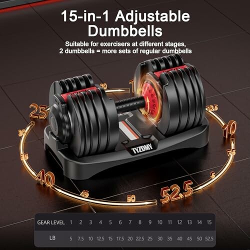 15-in-1 adjustable dumbbells with gear level and weight information.