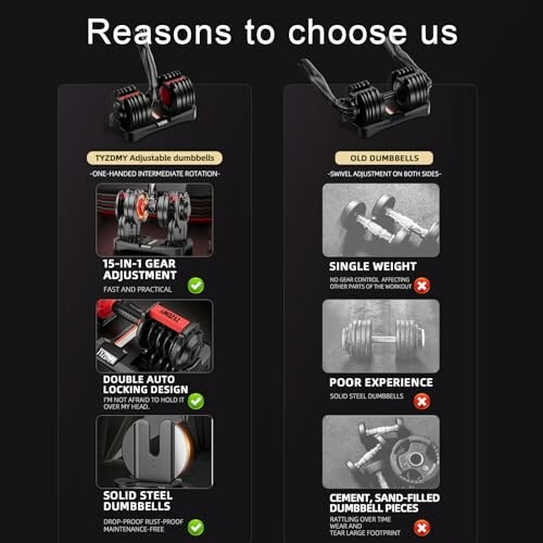 Comparison between TYZDMY adjustable dumbbells and old dumbbells highlighting features like gear adjustment and locking design.