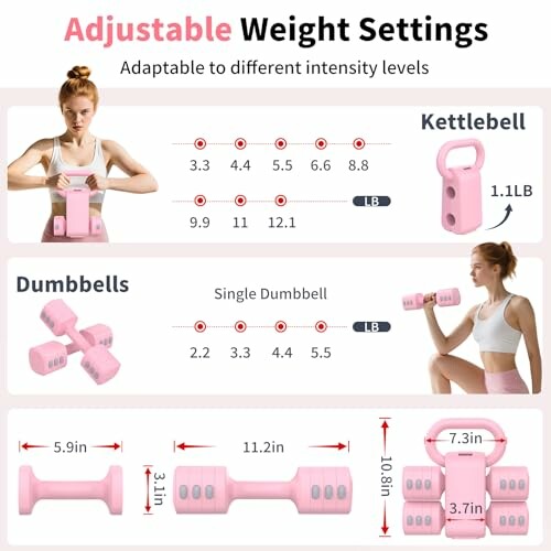 Adjustable weight settings for pink dumbbells and kettlebell with user demonstration.