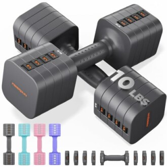 Set of adjustable dumbbells with multiple weights