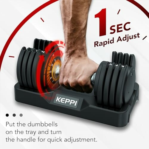 Hand adjusting weight on adjustable dumbbell, a simple and intuitive process that requires minimal effort and expertise.