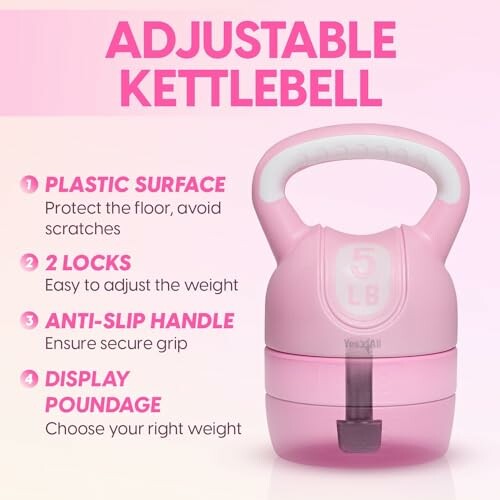 Pink adjustable kettlebell with features listed.