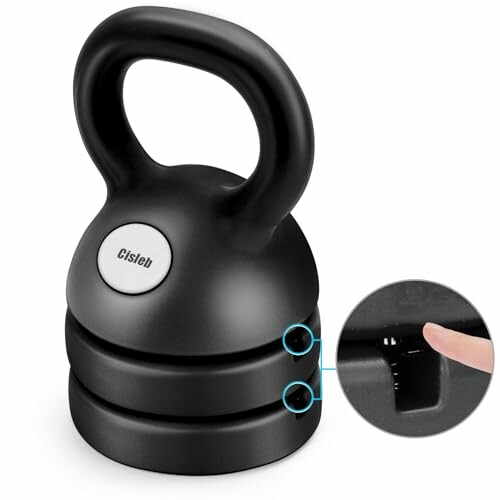Adjustable kettlebell with grip and weight plates detail.