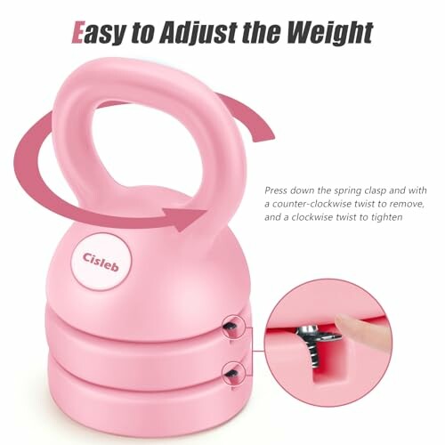 Pink adjustable kettlebell with instructions for weight adjustment.