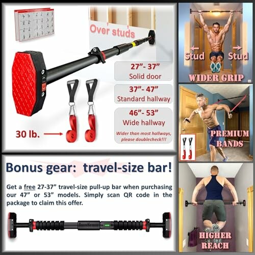 Adjustable pull-up bar package with features and bonus travel-size bar.