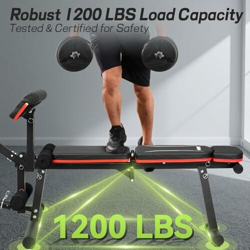 Person stepping on adjustable weight bench with 1200 lbs load capacity.