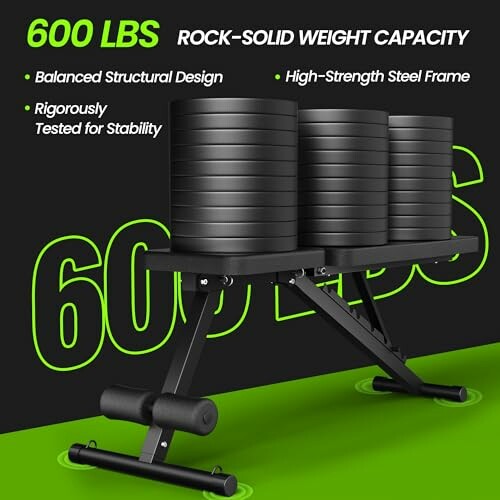 Adjustable weight bench with 600 lbs capacity, featuring a high-strength steel frame and balanced design.