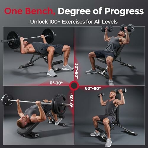 Man demonstrating various exercises on an adjustable bench.