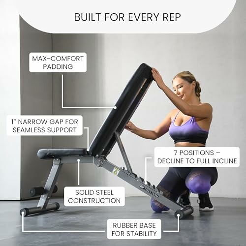 Woman adjusting an exercise bench with features highlighted: max-comfort padding, narrow gap for support, solid steel construction, rubber base, and seven incline positions.