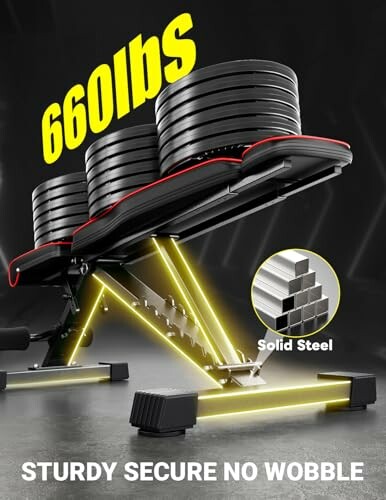 Adjustable weight bench supporting 660 lbs with solid steel construction.