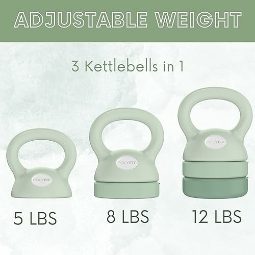 Three adjustable kettlebells with weights of 5, 8, and 12 pounds.