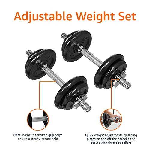 Adjustable weight set with metal barbells and weight plates.