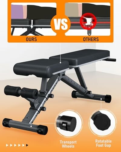Comparison of adjustable workout benches highlighting transport wheels and rotatable foot gap.