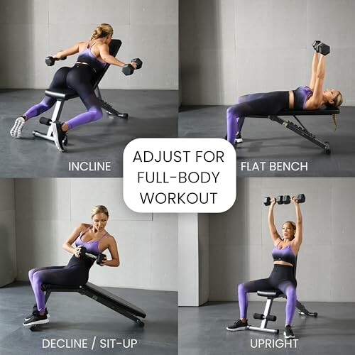 Four exercises on an adjustable workout bench: incline, flat bench, decline/sit-up, upright.