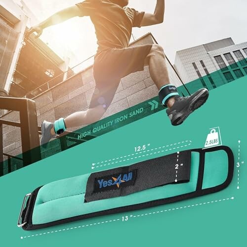 Person exercising with ankle weights and product dimensions.