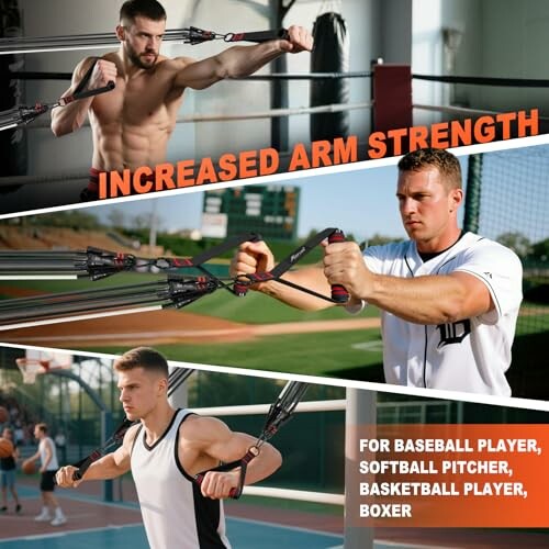 Athletes using resistance bands for arm strength.