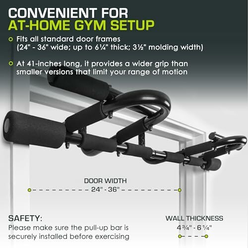 Pull-up bar for at-home gym setup, fits standard door frames 24-36 inches wide.
