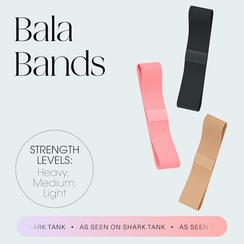 Bala Bands in black, pink, and beige with strength levels: heavy, medium, light.