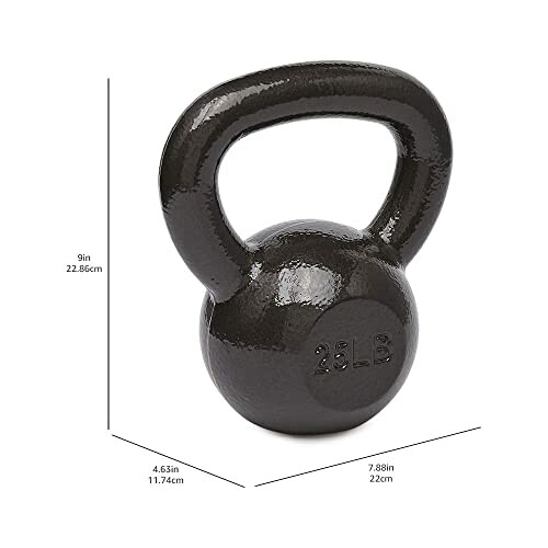 Black 25-pound kettlebell with dimensions labeled