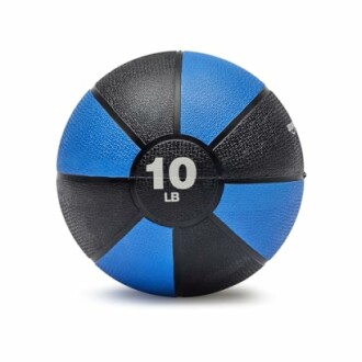 Blue and black medicine ball with 10 LB marking.