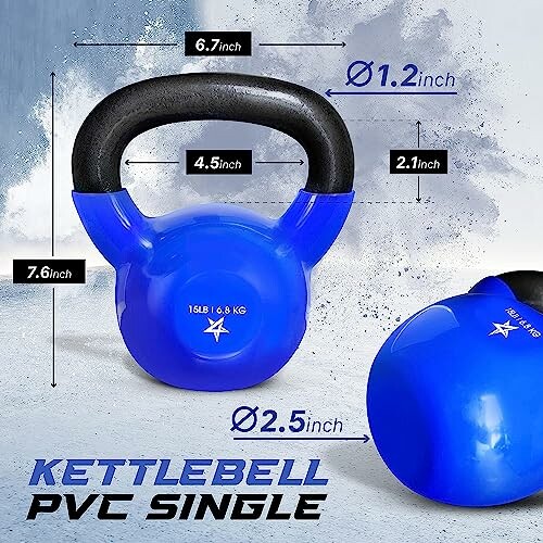 Blue PVC kettlebell with dimensions labeled, showcasing its compact design and weight distribution