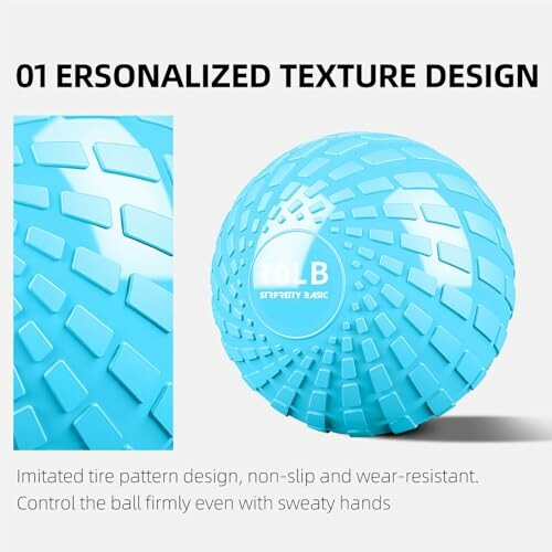 Blue exercise ball with textured pattern for grip.