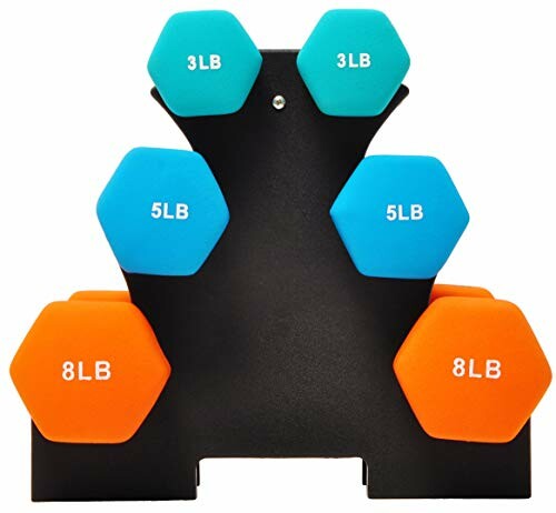 Set of hexagonal dumbbells in a rack, weights 3lb, 5lb, 8lb