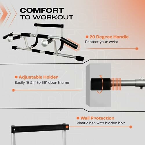 Features of workout equipment including 20-degree handle, adjustable holder, and wall protection.