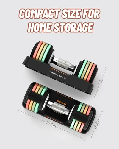 Compact adjustable dumbbells for home storage.