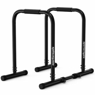 Black dip stand parallel bars for fitness exercises.