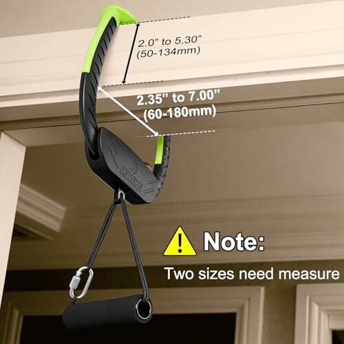 Door frame exercise bar with dimensions and caution note.