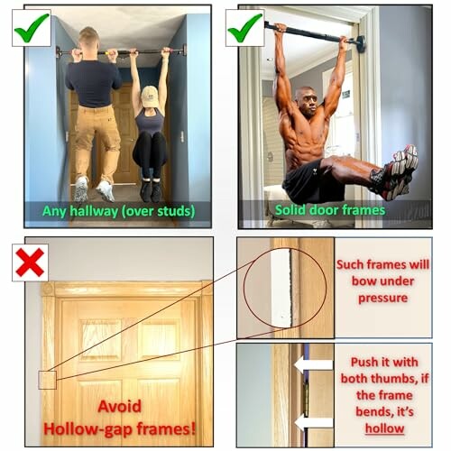 Visual guide for choosing door frames for pull-up bars, showing suitable and unsuitable options.